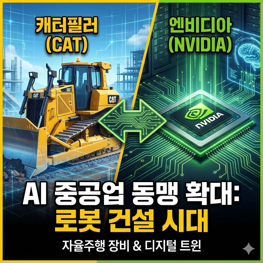 엔비디아 AI 칩이 탑재된 캐터필러의 자율주행 건설 장비와 중공업 혁명을 요약한 썸네일 이미지
