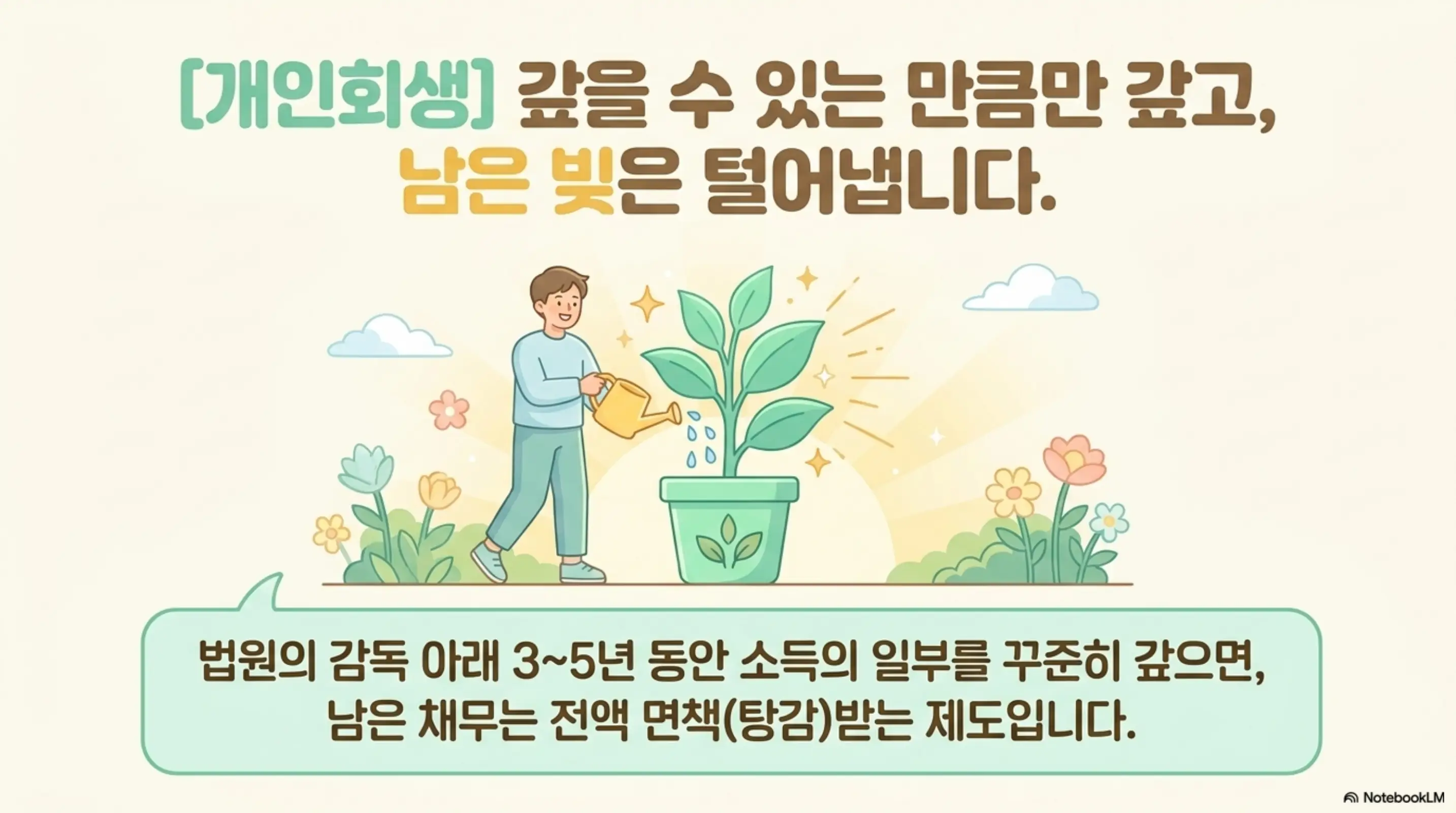 개인회생 vs 개인파산: [개인회생] 갚을 수 있는 만큼만 갚고 남은 빚은 털어냅니다. 법원의 감독 아래 3~5년 동안 소득의 일부를 꾸준히 갚으면 남은 채무는 전액 면책(탕감)받는 제도임을 설명하는 인포그래픽 이미지 