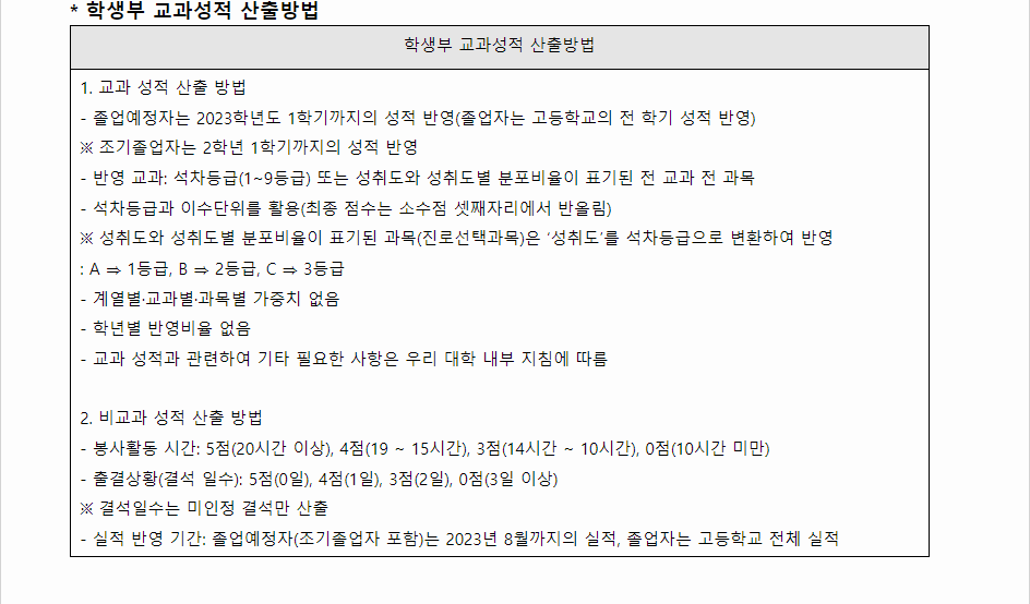 2024학년도 한국교원대학교 학생부교과전형 학생부 교과성적 산출방법