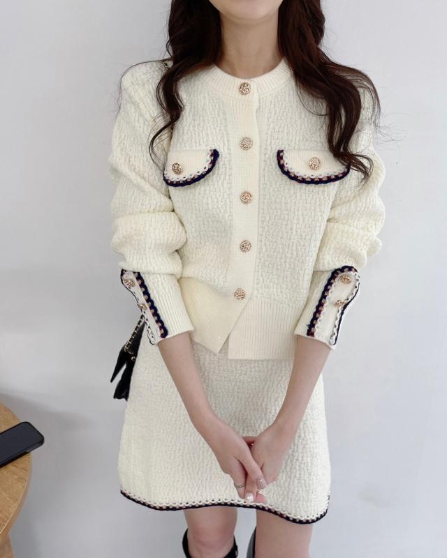 레이첼 트위드 배색 가디건 스커트세트 투피스코디