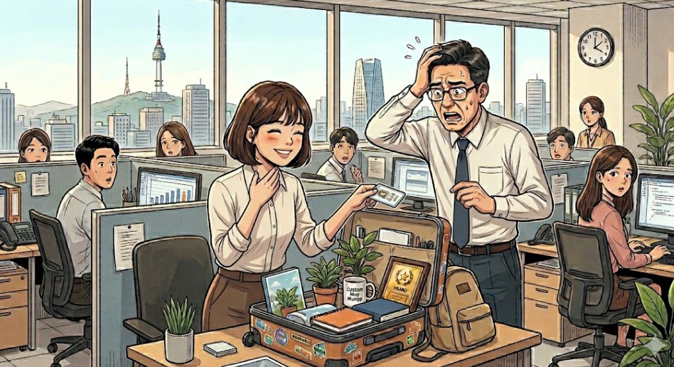 퇴사로 인해 사원증을 팀장에게 반납하는 에이스 직원과 놀란 팀장의 모습