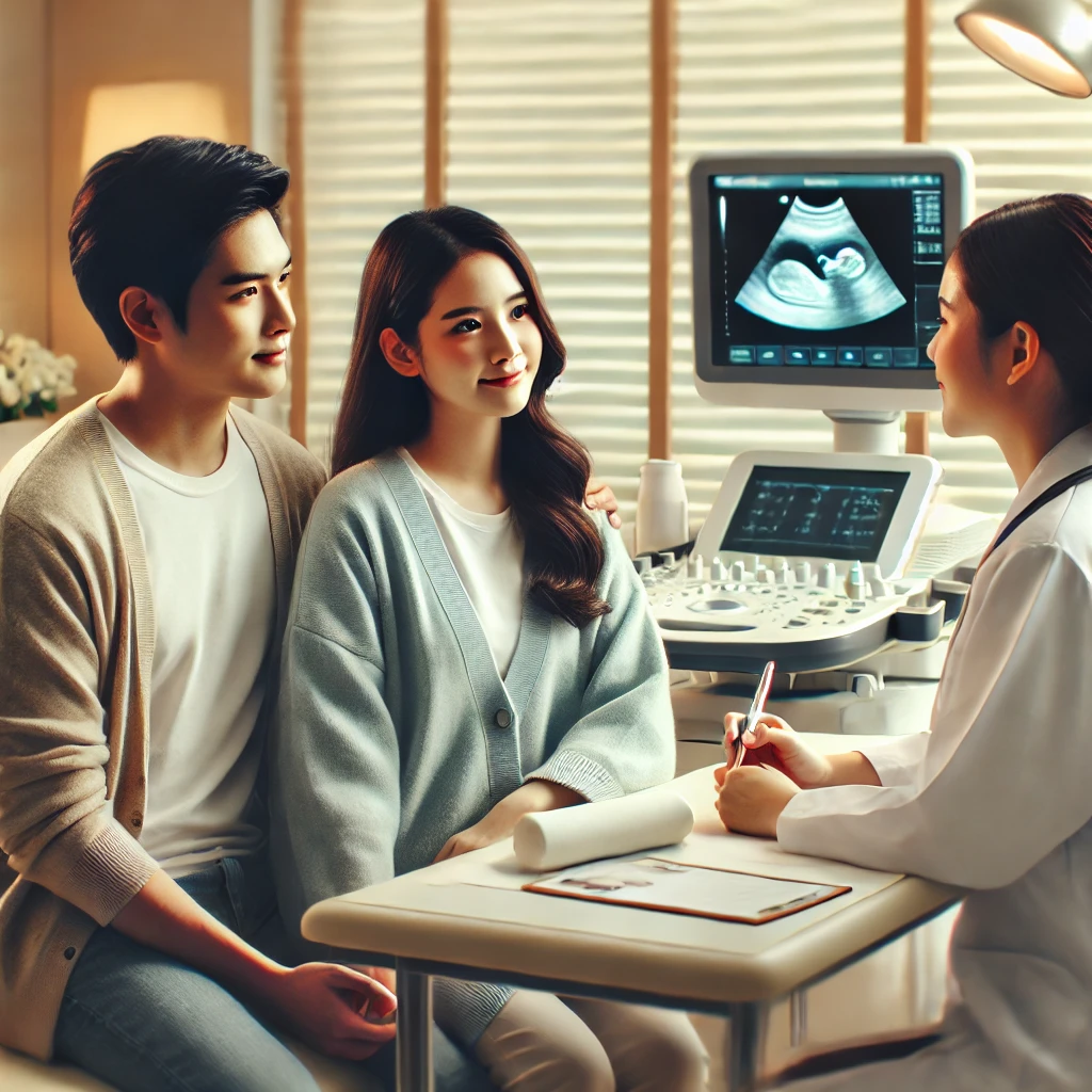 현대식 클리닉에서 난임 시술 상담을 받고 있는 장면