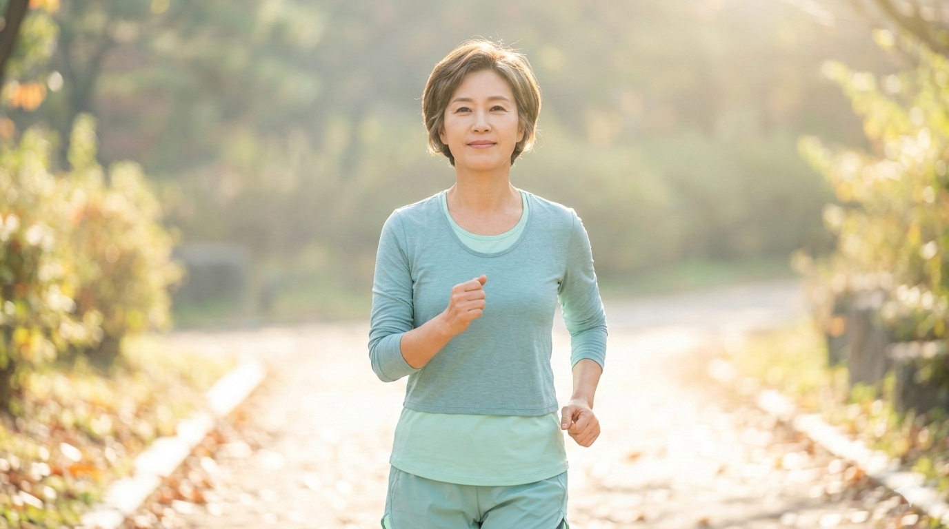 공원에서 밝은 미소를 지으며 활기차게 파워워킹을 하고 있는 건강한 50대 한국 여성의 모습. 상쾌한 자연광과 활력이 느껴지는 분위기.