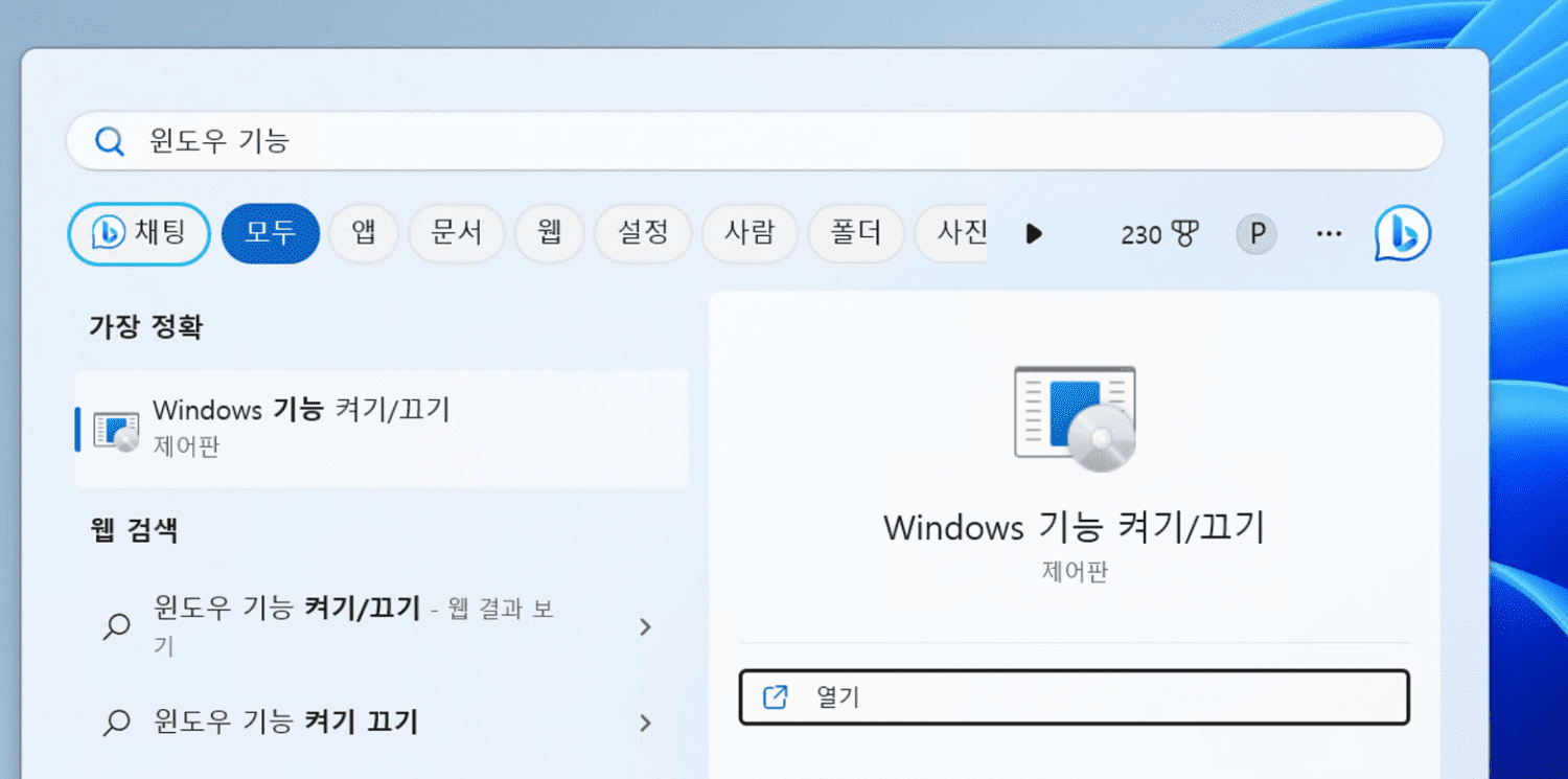 윈도우 시작 메뉴에서 Windows 기능 켜기 또는 끄기 항목을 검색해 여는 화면