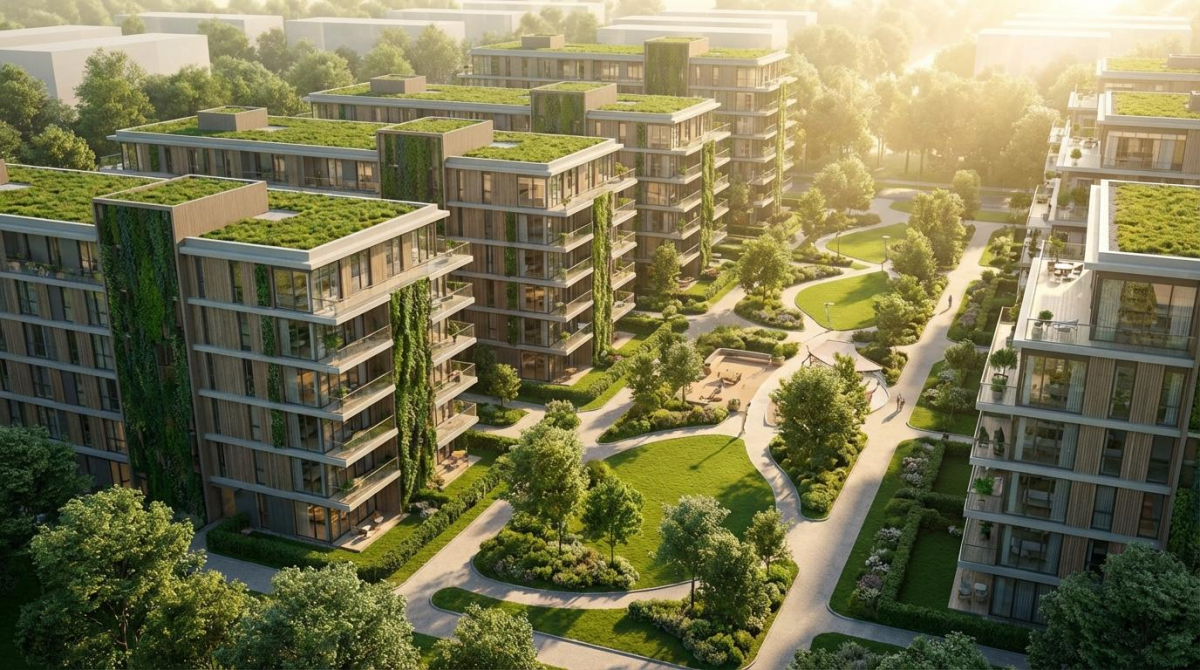 뉴홈의 세 가지 주거 유형(나눔형, 선택형, 일반형)을 형상화한 친환경 아파트 단지 모델링 이미지