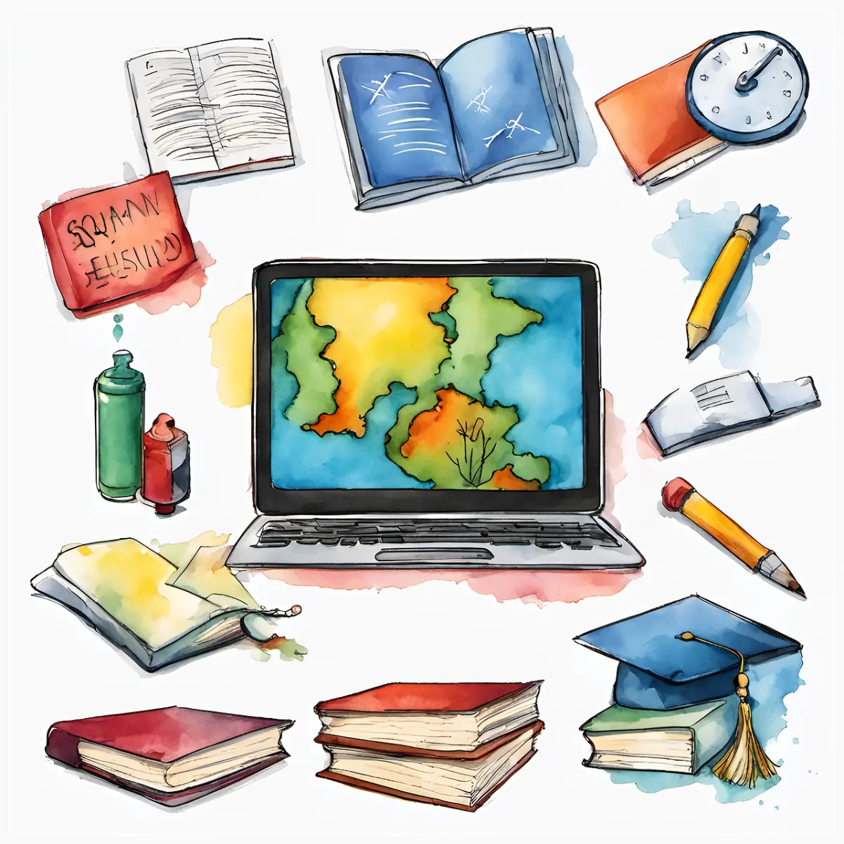 AI-디지털교과서와-교육의-미래를-상징하는-컴퓨터와-책-연필-등이- 함께-보이는-이미지