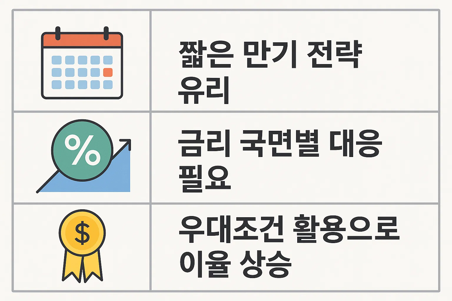 단기 예금 전략, 금리 국면별 대응, 우대조건 활용으로 이율 상승을 유도하는 2025년 정기예금 실전 전략을 정리한 인포그래픽