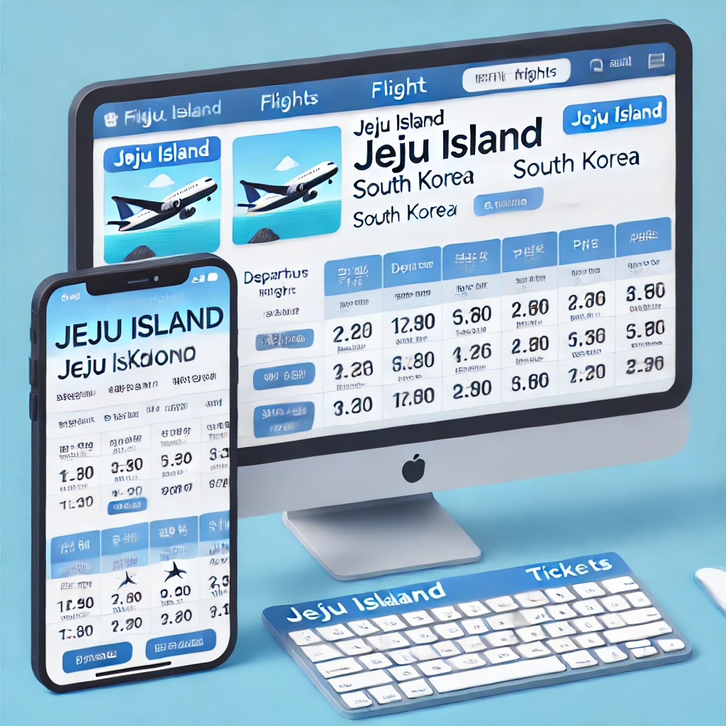 제주도 항공권 예약 인터페이스&amp;#44; 데스크톱 및 스마트폰 화면에서 한국어로 표시된 항공편 옵션