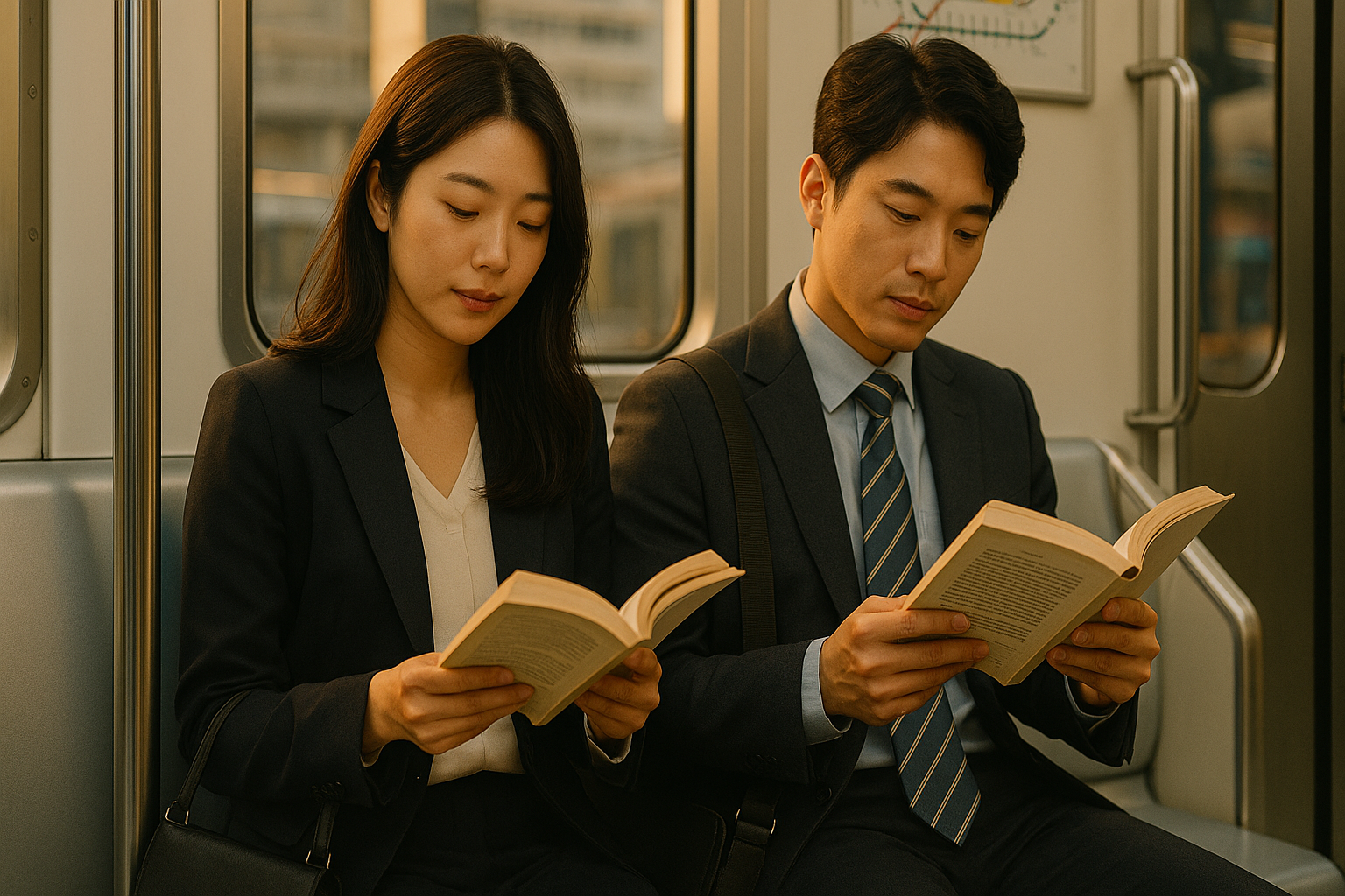 퇴근길 지하철에서 책을 읽고 있는 직장인들