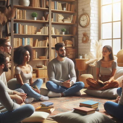 다양한 사람들이 큰 책장 앞에서 책을 읽고 있으며, 자연광이 방을 채우고 있습니다.