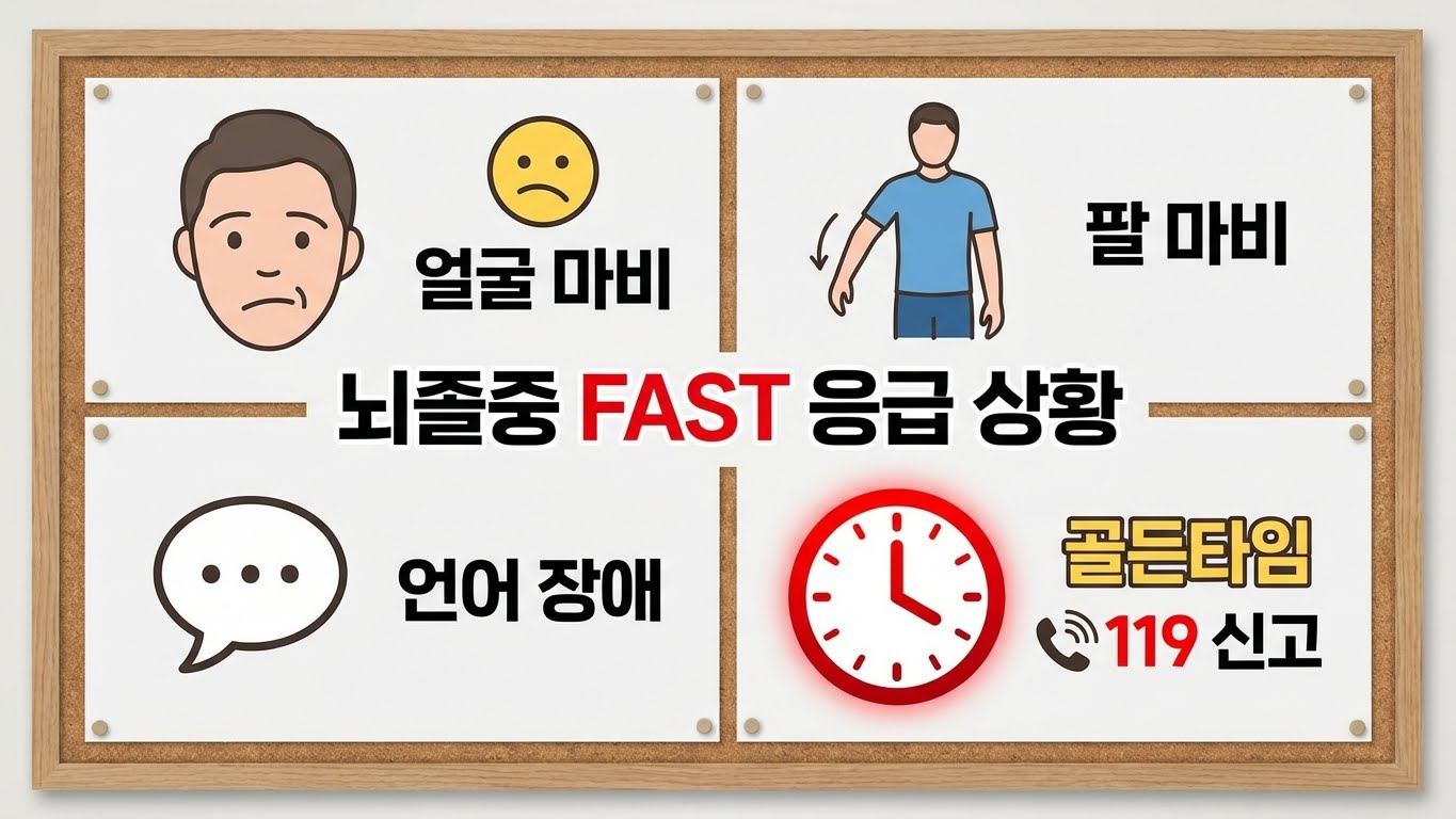 시계와 긴급 전화기(119) 아이콘이 강조된 긴급 상황 다이어그램 이미지
FAST 네 가지 요소(얼굴 마비, 팔 처짐, 언어 장애, 시간)가 시각적으로 표현된 의료 일러스트