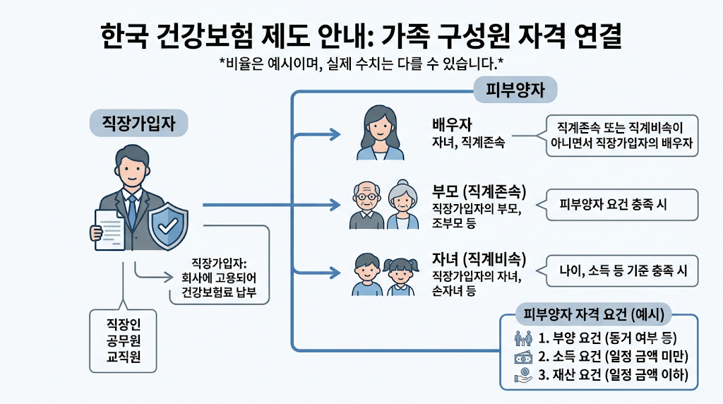 건강보험 직장가입자와 가족 피부양자의 관계를 설명하는 안내 이미지