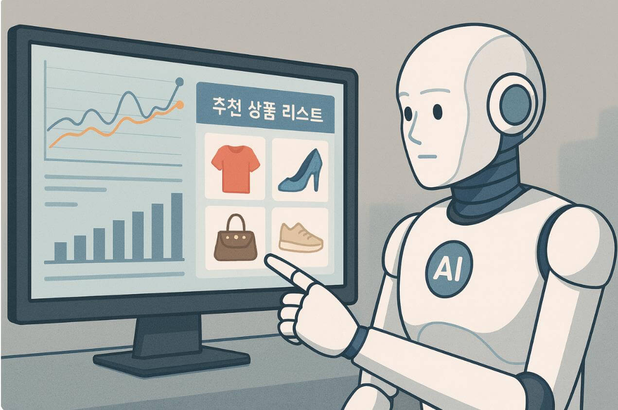 AI가 쇼핑 데이터를 분석하며 추천 상품을 제시하는 모습