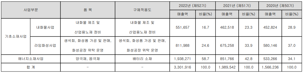 포스코케미칼 - 주요 사업 부문 및 제품 현황(2022년 4분기)
