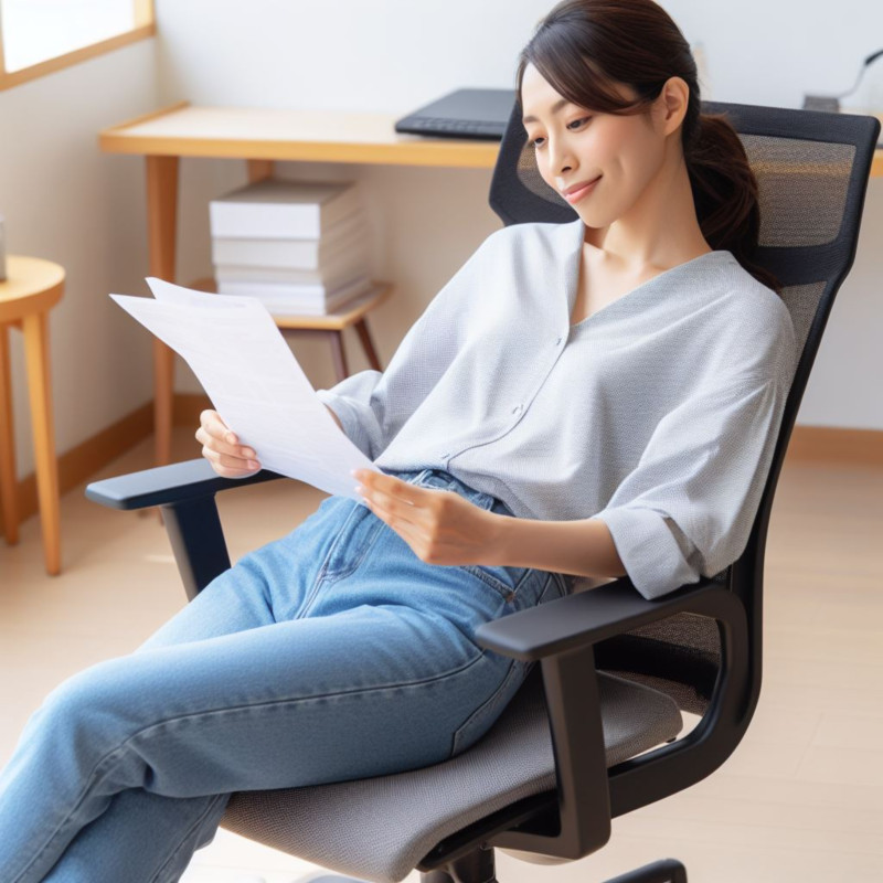인체공학적 의자에 앉아서 서류를 검토하는 30대 여성