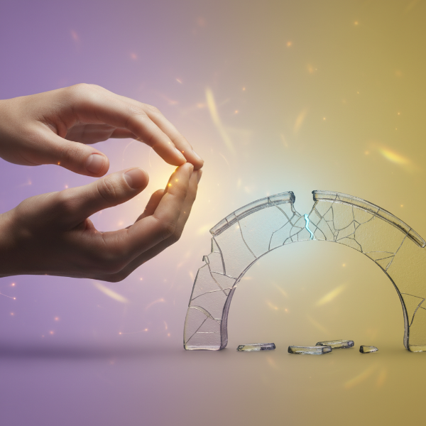 서로 마주 잡은 손과 깨진 유리 조각들이 어우러져 인간관계에서 신뢰가 형성되고 무너지는 과정을 상징적으로 보여주는 이미지.