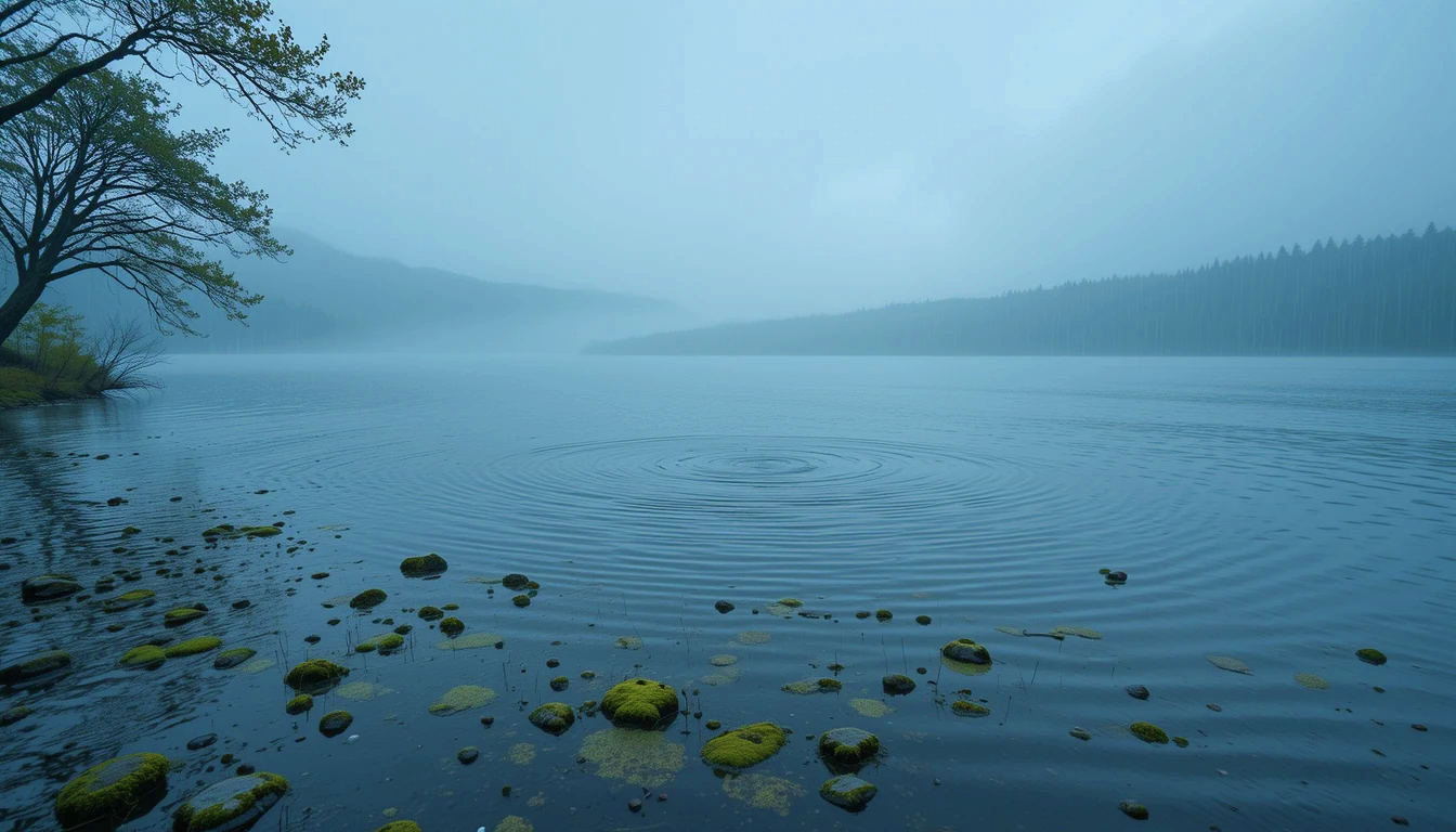 비 내리는 고요한 호숫가, 물 위 잔물결, 안개 낀 회색 하늘, 호수에 닿는 비의 부드러운 소리, 비와 이끼의 상쾌한 수생 향, 손에 닿는 차가운 빗방울, 근처 나무의 시트러스 향, 파스텔 그레이와 블루 톤, 고해상도 4K, 독창적 구성.