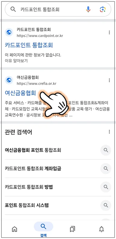 검색창에서 '카드포인트 통합조회' 검색결과 중 '여신금융협회'를 선택하고 있다