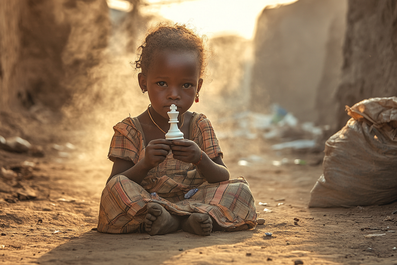 체스 말 하나를 들고있는 빈민가 아프리카 어린 소녀