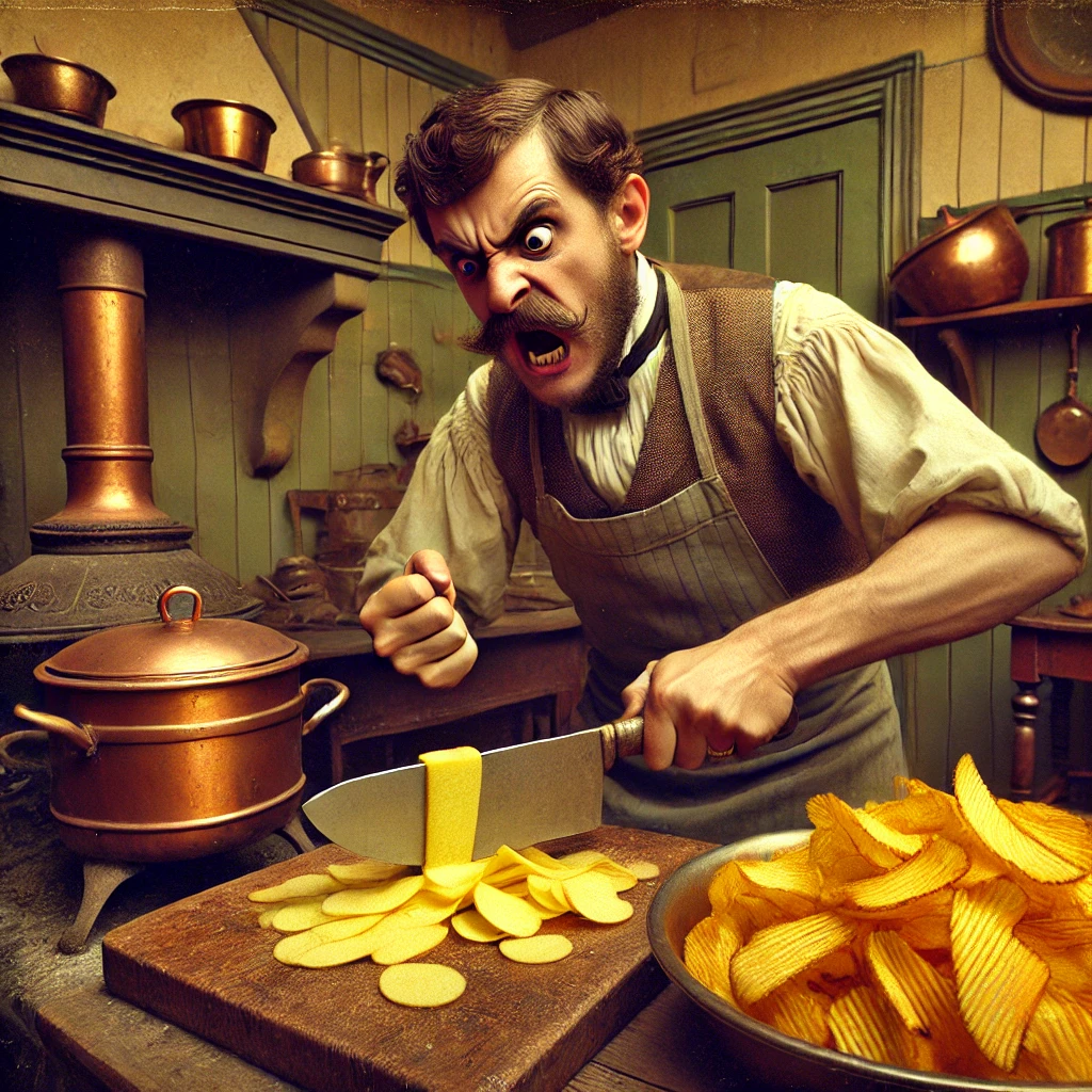 "19세기 요리사가 화가 나서 감자를 얇게 썰어 튀긴 장면 – 감자칩의 탄생"