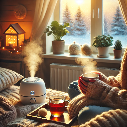 따뜻한 겨울 실내에서 차를 마시며 담요로 몸을 감싼 사람, 가습기와 실내 화초가 있는 아늑한 공간
