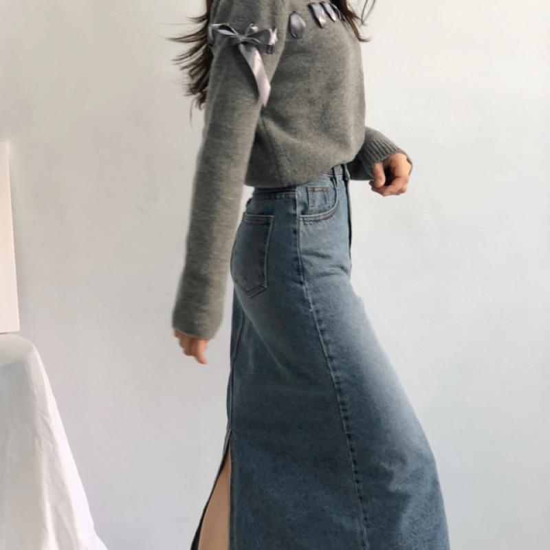 하이웨스트 데님 롱스커트 연청 중청