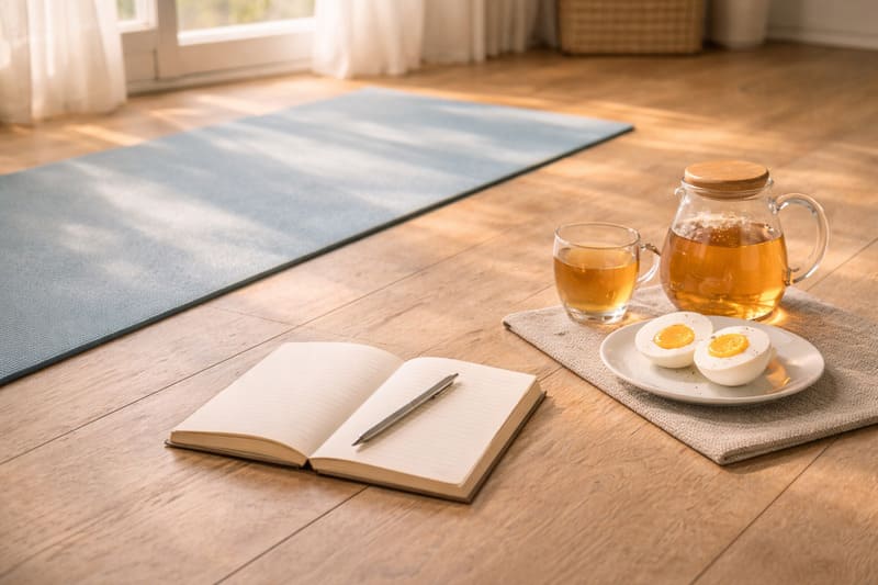 중년의 일상 루틴을 상징하는 요가 매트, 따뜻한 차, 간단한 식사와 기록 노트가 놓인 조용한 아침 공간