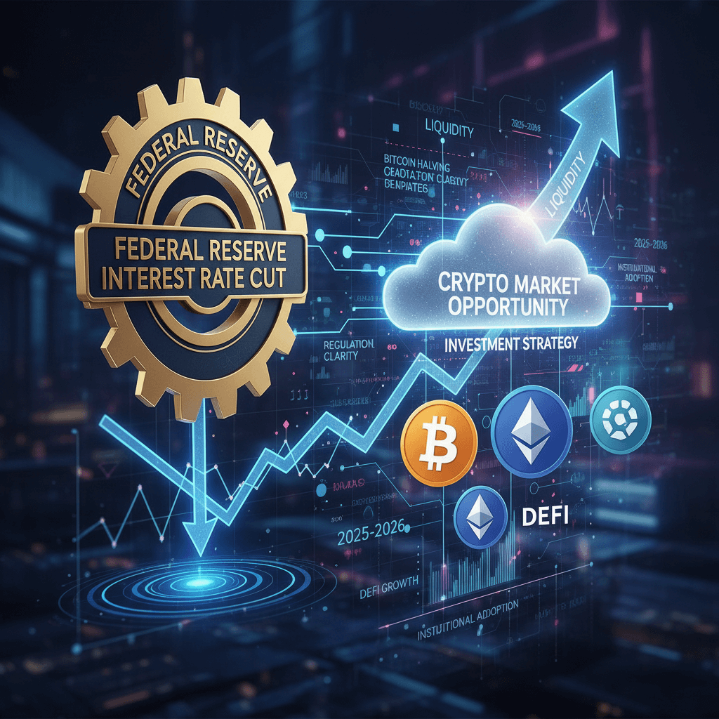 연준 금리 인하로 2025-2026년 암호화폐 시장의 유동성이 증가하며 비트코인, 이더리움, 디파이 성장 기회가 시각화된 이미지