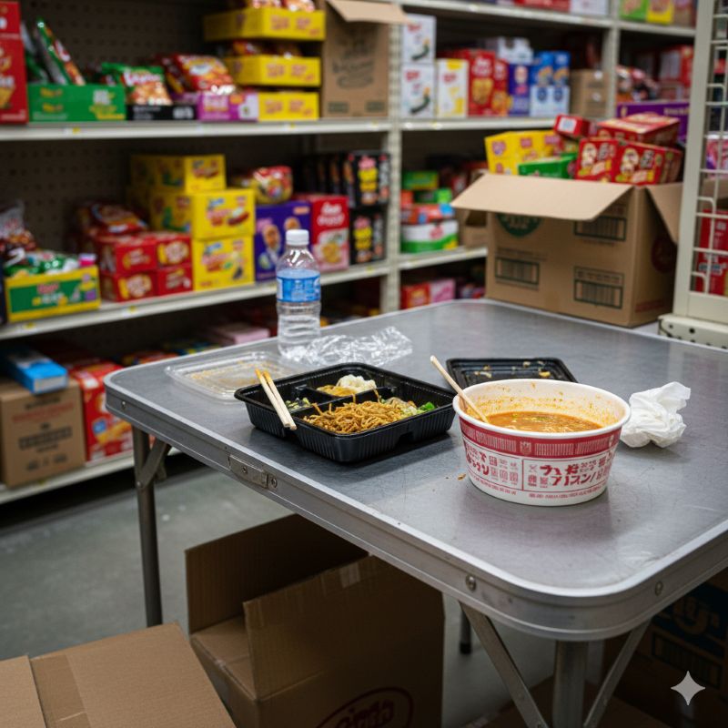 편의점 창고 안, 물류 박스와 파란 바구니가 쌓인 좁은 테이블 위에 놓인 반쯤 먹은 도시락과 컵라면