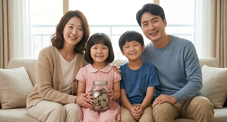 가족이 가득 찬 저금통 옆에서 함께 웃는 모습