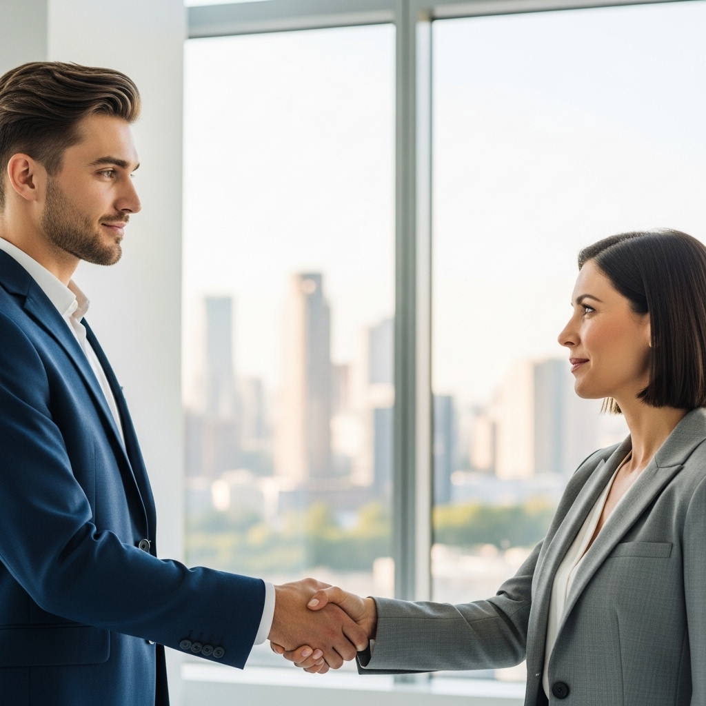 2025년 성공적인 연봉 협상을 마친 두 비즈니스 전문가가 미소를 지으며 악수하는 모습.