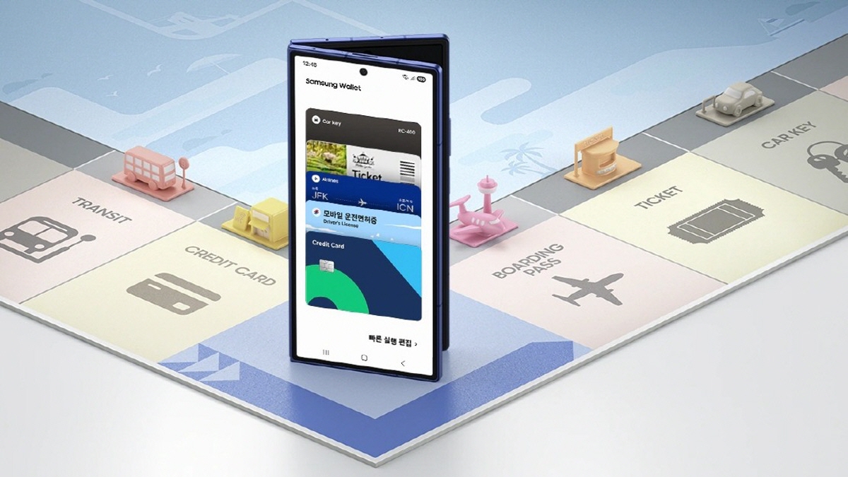 삼성 월렛 앱 화면과 교통, 카드, 항공권, 키 등 다양한 디지털 기능을 상징하는 이미지