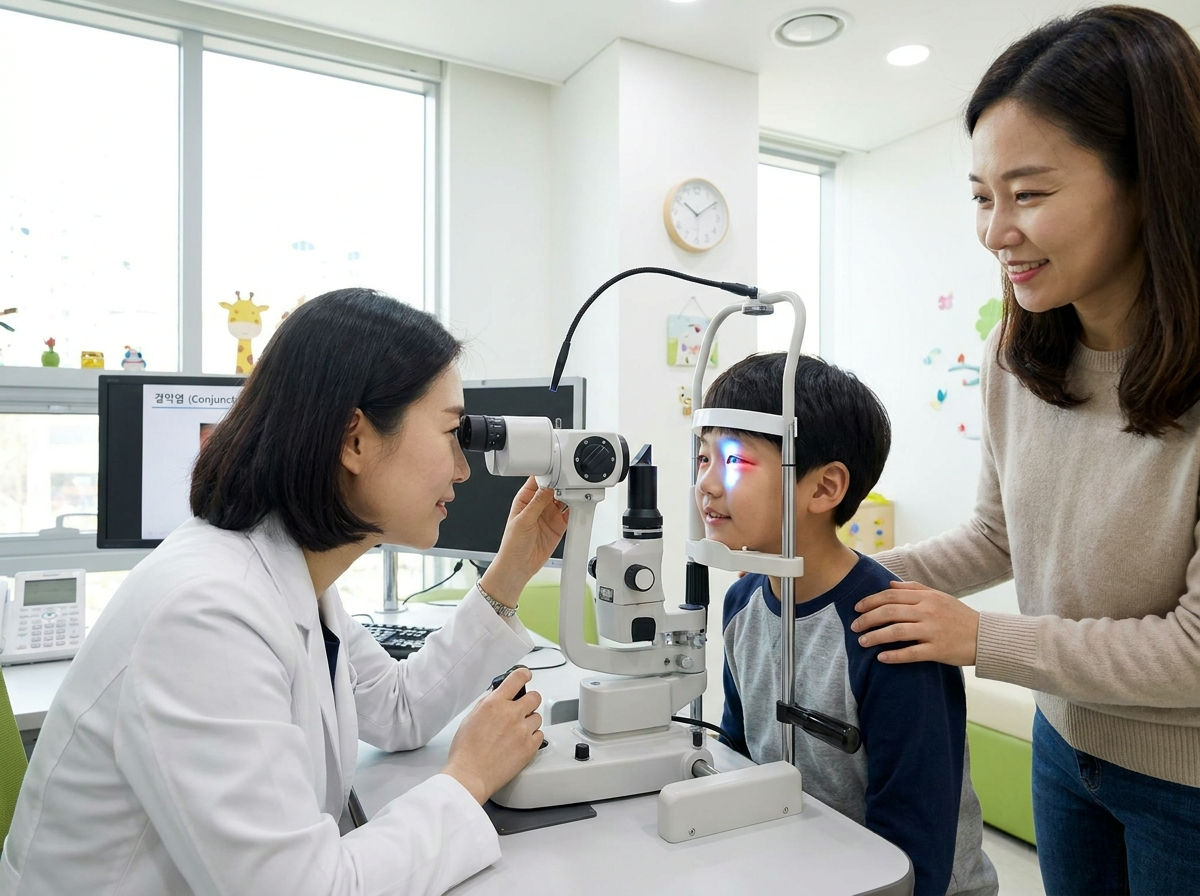 안과 진료실에서 세극등 현미경으로 환자의 눈을 검사하는 한국인 의료진