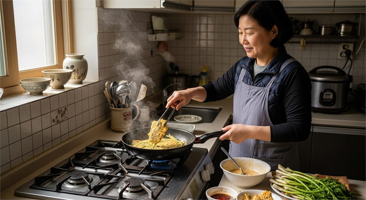 프라이팬에서 두릅전을 부치는 한국 가정 요리 장면