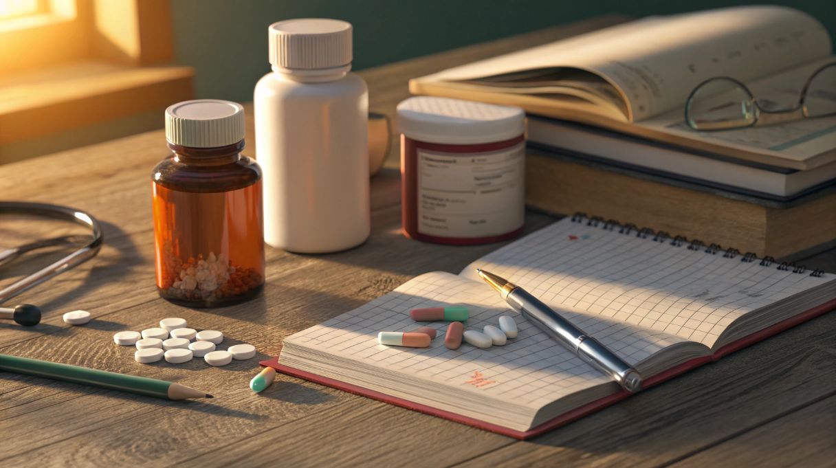 책상 위 놓여 있는 영양제와 노트 그리고 펜