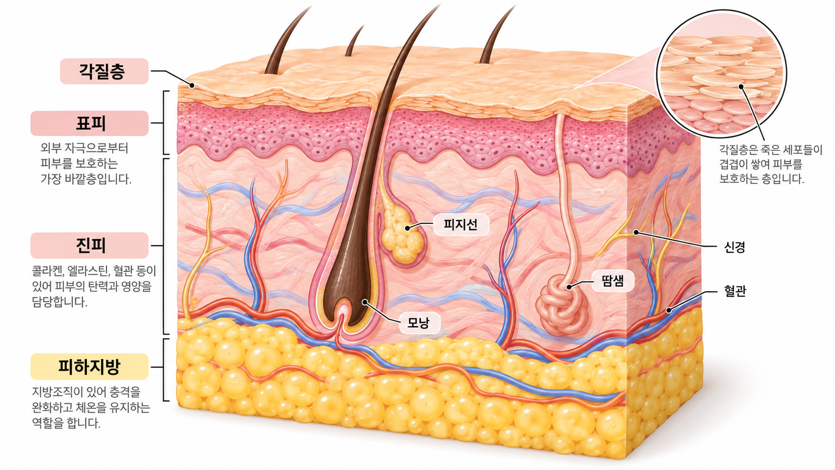 각질층, 표피, 진피, 모낭과 혈관 구조를 보여주는 피부 단면도
