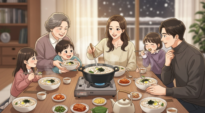 김이 모락모락 나는 떡국을 먹으며 온 가족이 모여 따뜻한 일러스트