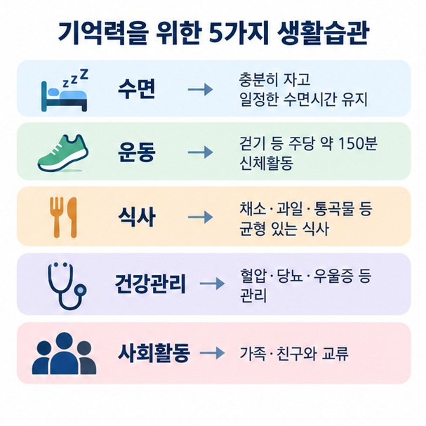 수면 운동 식사 만성질환 관리 사회활동을 기억력과 인지 건강 습관으로 정리한 이미지