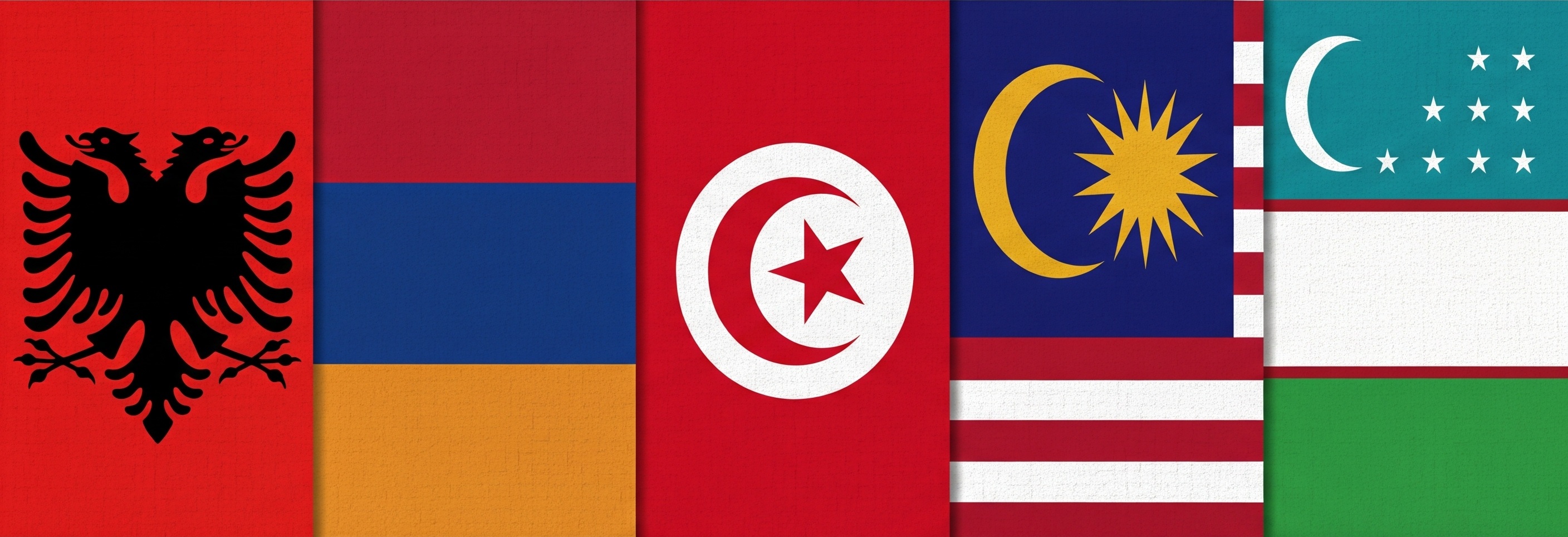 국기 이미지 좌측에서부터 알바니아, 아르메니아, 튀니지, 말레이시아, 우즈베키스탄 순으로