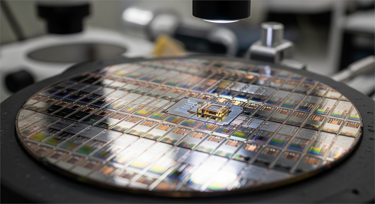 광반도체 소자와 웨이퍼를 담은 실험실 장면 