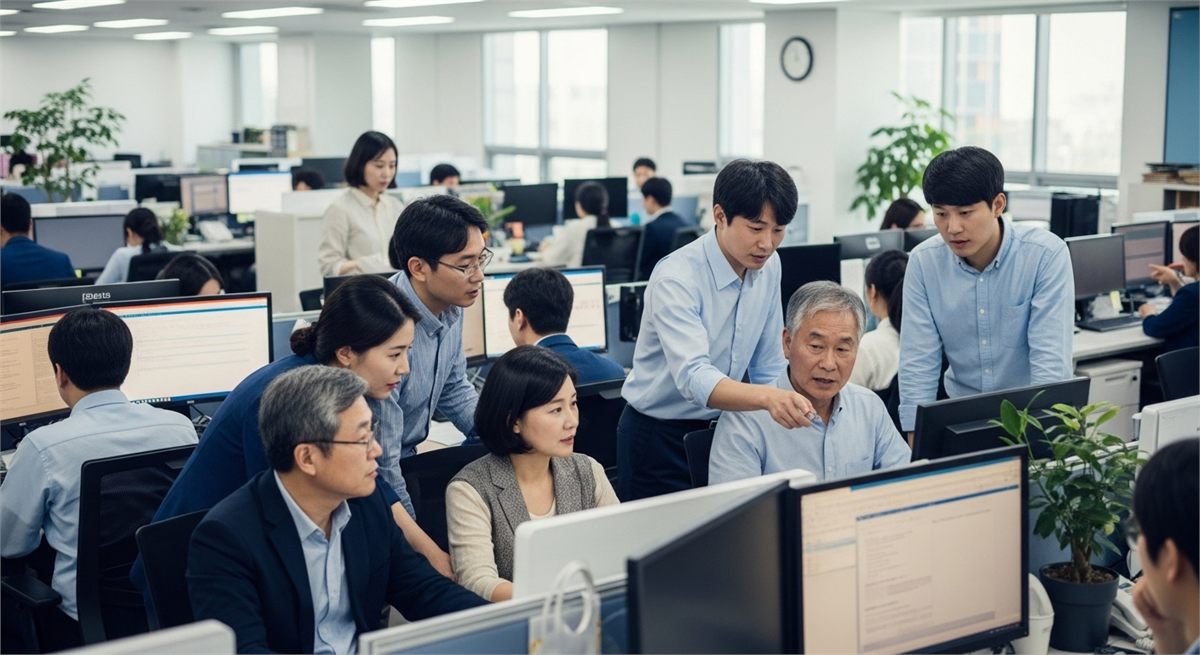 중장년과 청년 직원이 함께 협업하는 사무실 전경 
