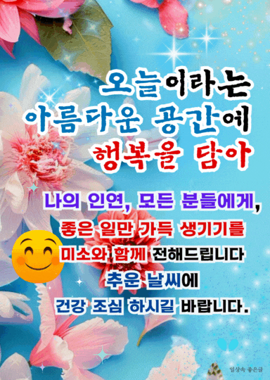 분홍 꽃 배경에 ‘오늘이라는 아름다운 공간에 행복을 담아’라는 문구가 있는 밝은 인사 이미지