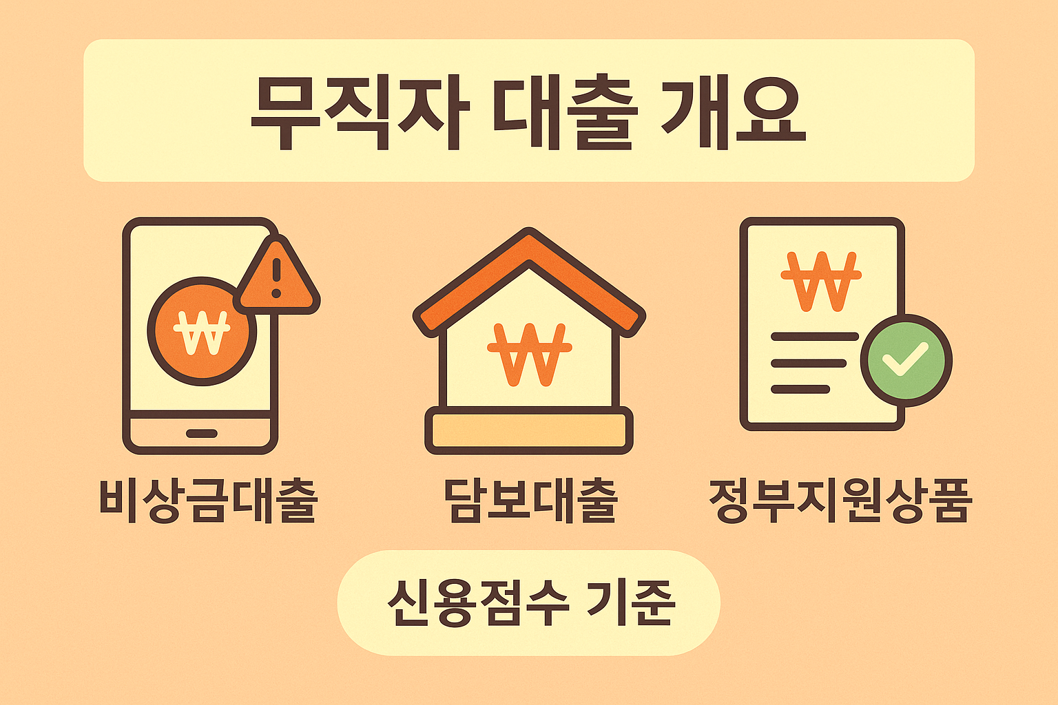 비상금대출, 담보대출, 정부지원상품 등 무직자 대출 개요를 시각적으로 정리한 플랫 아이콘 인포그래픽입니다. 신용점수 기준 등 주요 심사 요소도 함께 표현되어 있습니다.