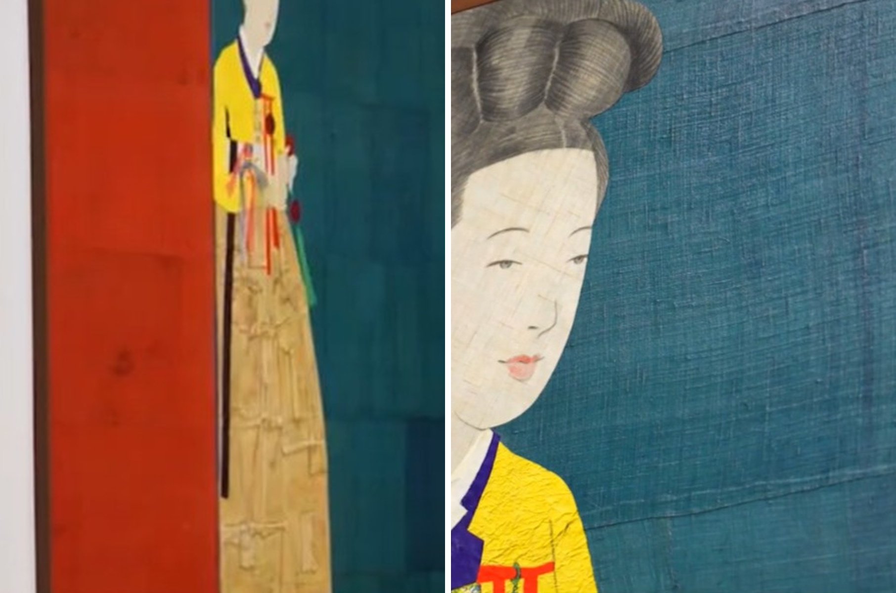전시장에 걸린 한복 그림 2분할. 왼쪽은 붉은 주황색 패널 옆에 서 있는 노란 저고리와 베이지색 치마를 입은 여인 전신이 보이고, 오른쪽은 같은 그림의 올림머리 부분과 얼굴, 노란 저고리 어깨 디테일이 클로즈업으로 보인다.