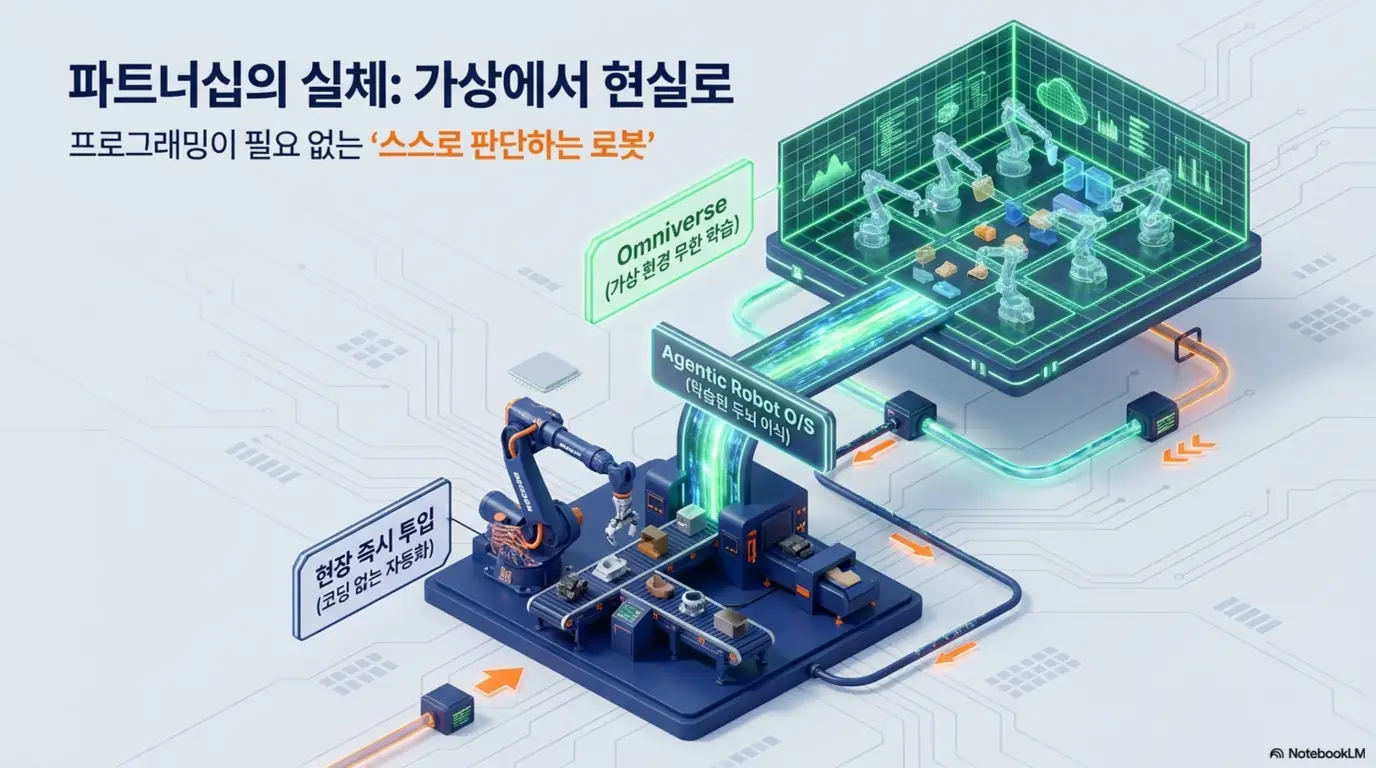 두산로보틱스 주가 전망: &lsquo;파트너십의 실체&amp;#44; 가상에서 현실로&rsquo;라는 문구와 엔비디아 옴니버스 가상 학습이 에이전틱 로봇 운영체제를 거쳐 현장 로봇에 즉시 투입되는 흐름이 담긴 이미지. 이 이미지는 두산로보틱스 엔비디아 협업으로 스스로 판단하는 로봇이 구현되는 과정을 시각적으로 전달하며&amp;#44; 블로그의 두산로보틱스 엔비디아 협업 주제와 관련된 내용을 설명함 