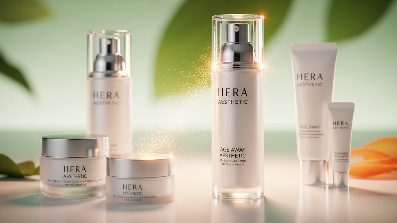 세련되고 미니멀한 포장과 부드럽고 빛나는 빛이 특징인 헤라 에이지 어웨이 에스테틱 제품 라인을 선보이는 고급스럽고 우아한 정물화 사진입니다.