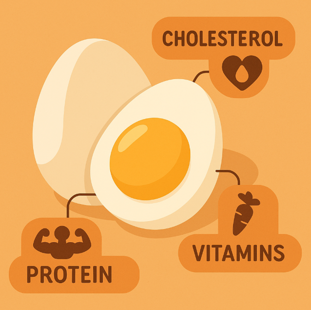 계란 안의 콜레스테롤, 단백질, 비타민 등 주요 영양소를 인포그래픽 형태로 정리한 일러스트