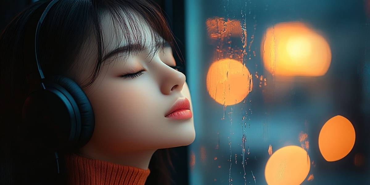 A person sitting by a window on a rainy day, wearing headphones, lost in thought, raindrops on the glass reflecting city lights, cozy and melancholic atmosphere, soft warm lighting, ultra-realistic cinematic portrait