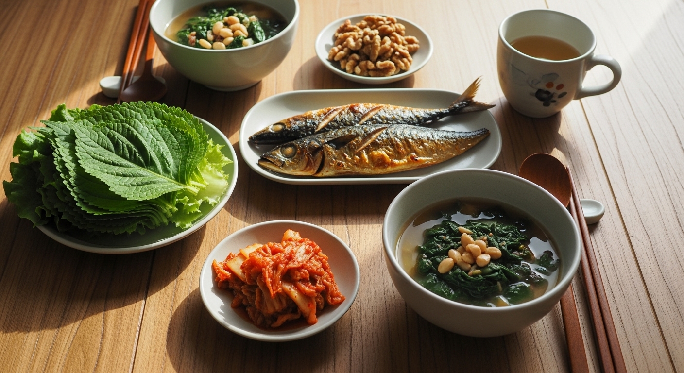 치매 예방에 좋은 고등어와 호두가 포함된 한국 전통 아침 식탁