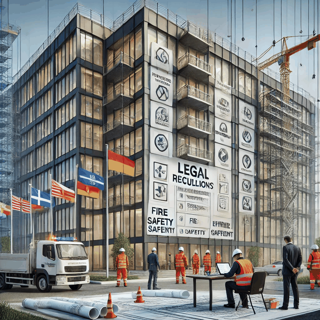 건설 중인 현대 건물에서 작업자들과 정부 검사관이 건축 법규와 안전 규정을 점검하는 모습